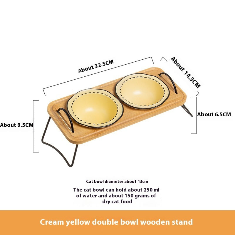 Pet Wooden Rack Multi-functional Ceramic Cat Bowl
